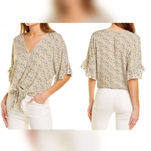 Max Studio Boho Yellow Floral Tie Front Button Down Ruffle Sleeve Blouse L NEW - Picture 2 of 14